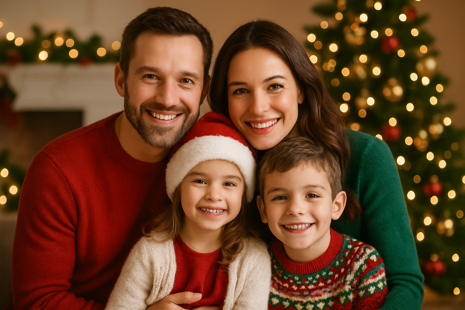 Christmas family photo with children on a perfectly square 2x2 magnet or pin.